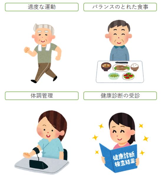 運動、食事、健診、体調管理